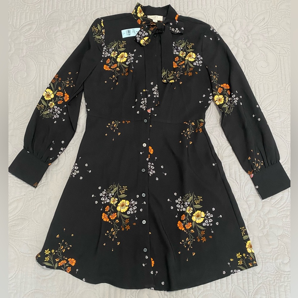 Floral print Black Dress with Bow
